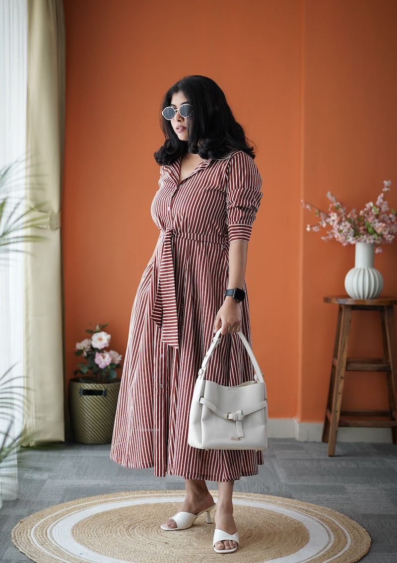 jundaze brown cotton flared shirt dress
