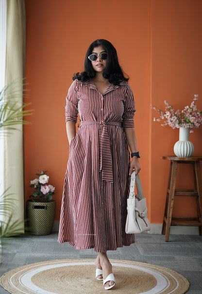 Jundaze Brown Cotton Flared Shirt Dress