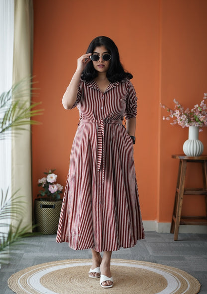 Jundaze Brown Cotton Flared Shirt Dress