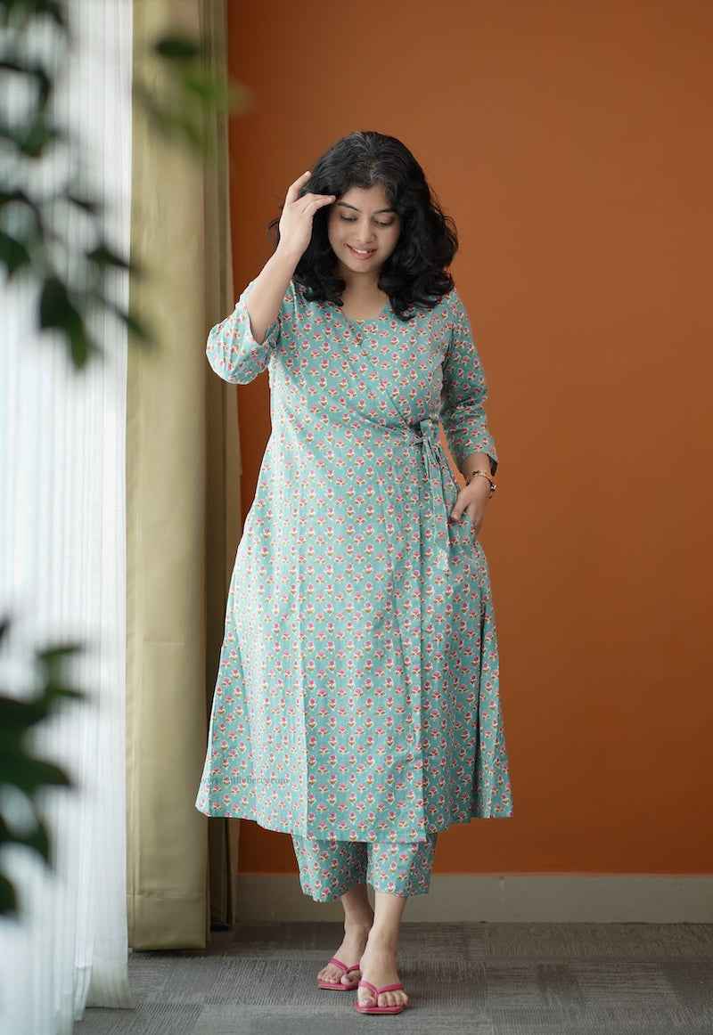 Piku Turquoise rose wrap co-ord set