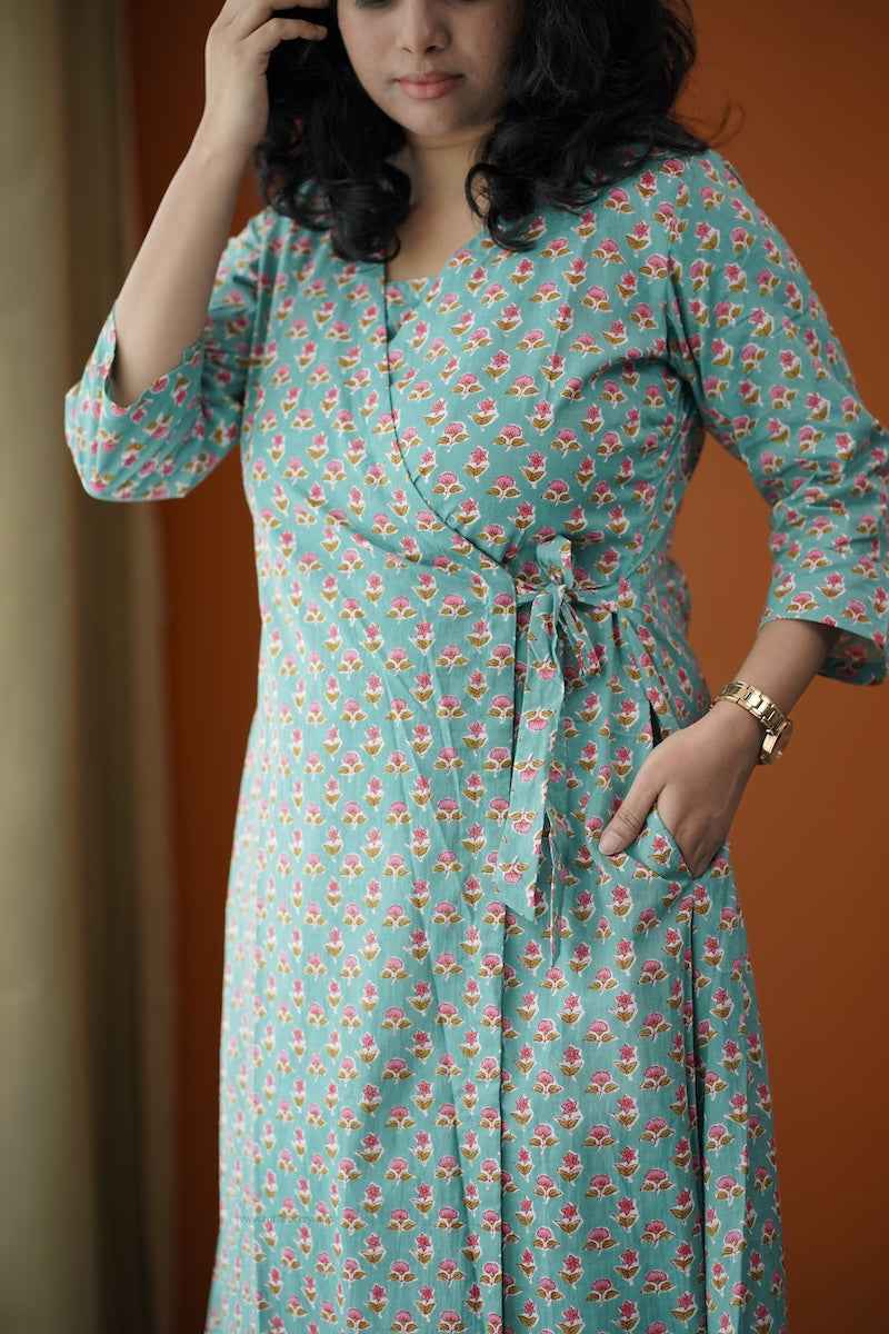 Piku Turquoise rose wrap co-ord set