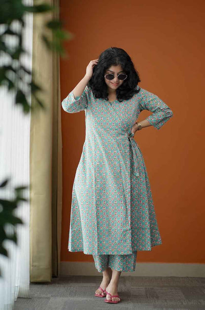 Piku Turquoise rose wrap co-ord set