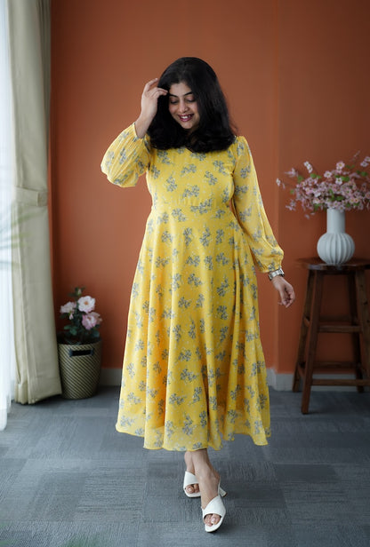 JunaLuv Yellow Georgette Fit & Flare Dress