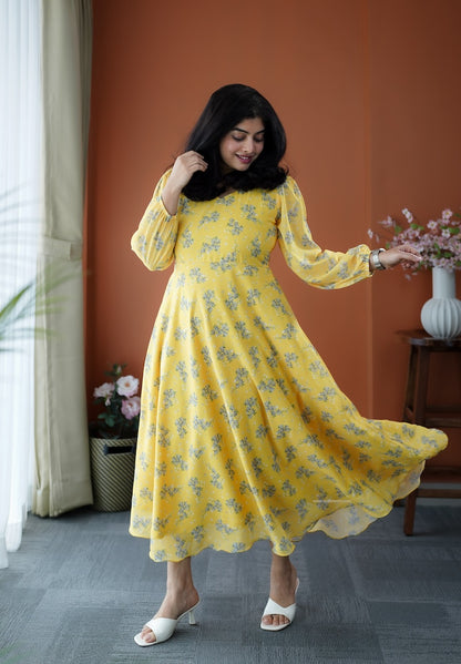 JunaLuv Yellow Georgette Fit & Flare Dress