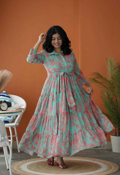 Sol Mint Green Collared Georgette Tier Dress