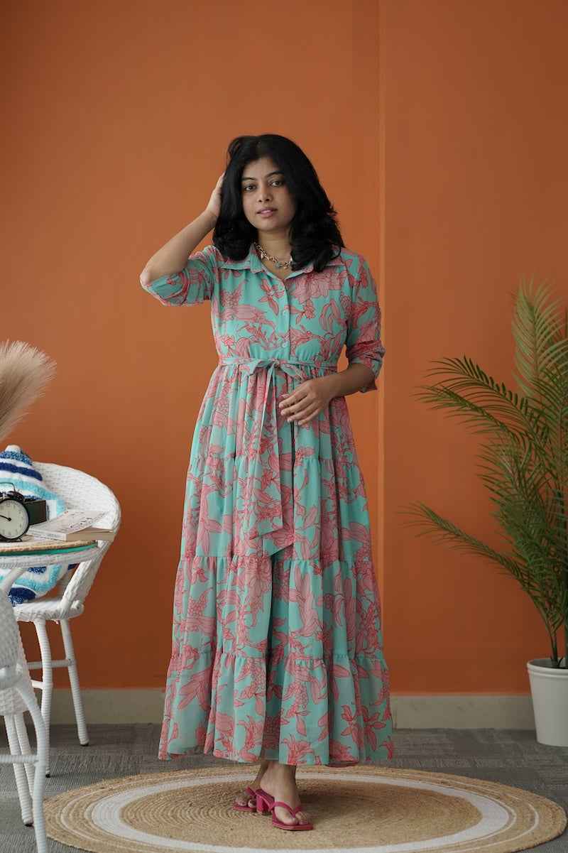 Sol Mint Green Collared Georgette Tier Dress