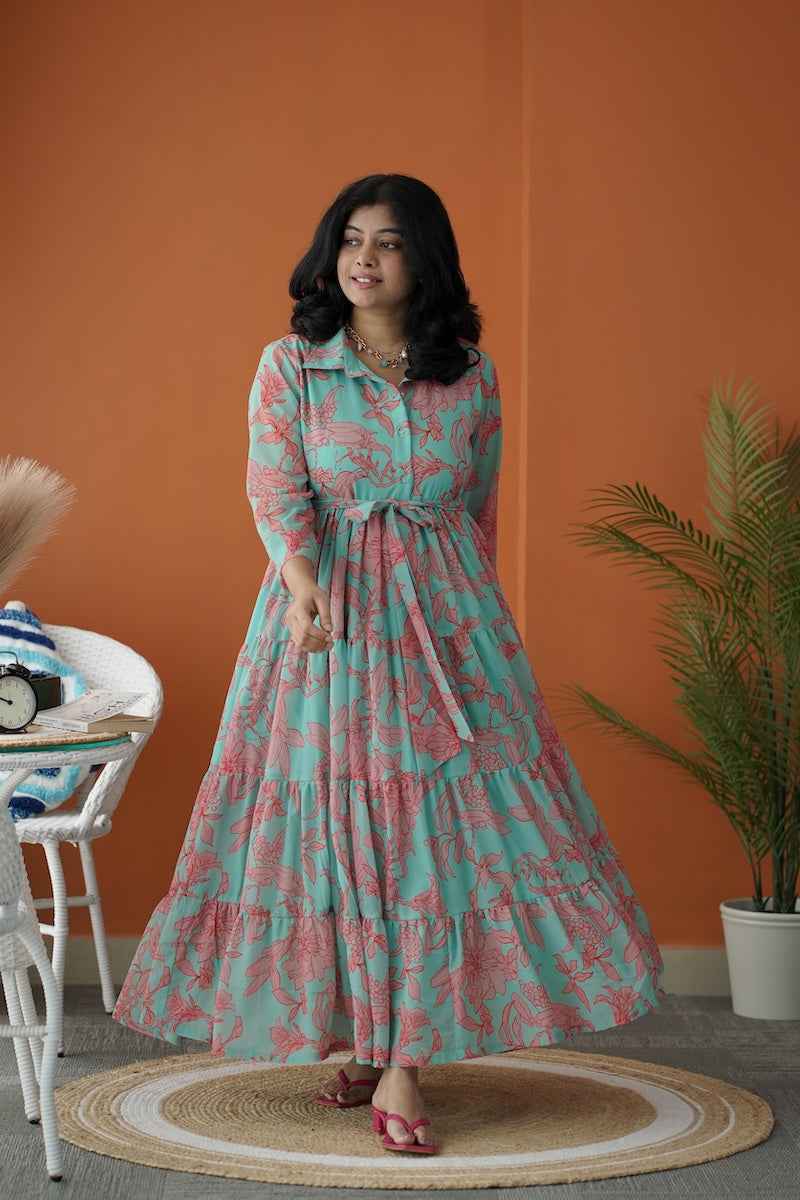 sol mint green collared georgette tier dress