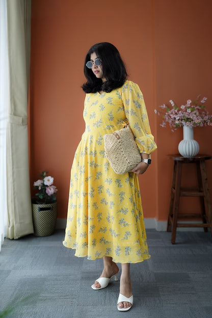 JunaLuv Yellow Georgette Fit & Flare Dress