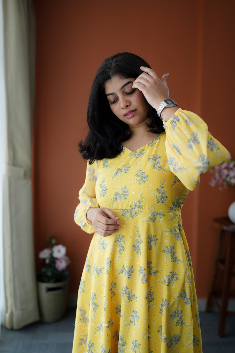 junaluv yellow georgette fit & flare dress