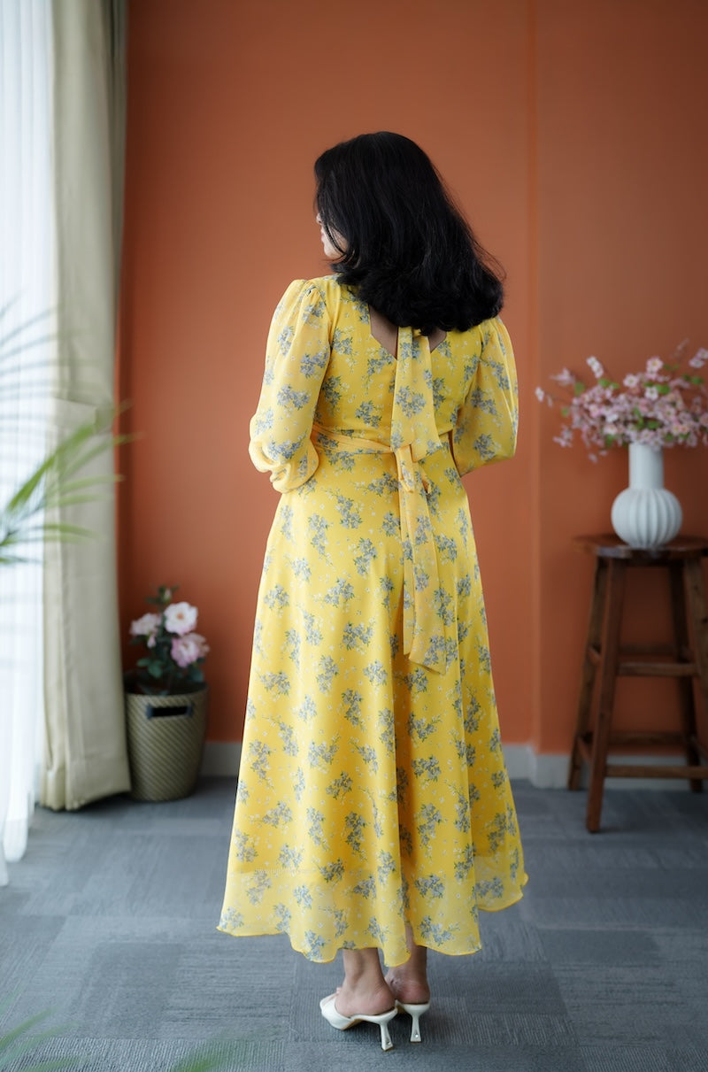junaluv yellow georgette fit & flare dress