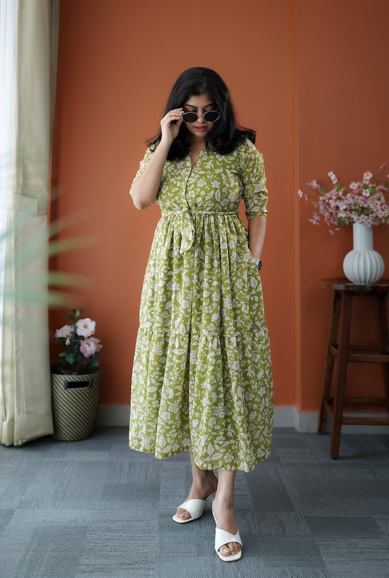 junaluv green georgette tier dress