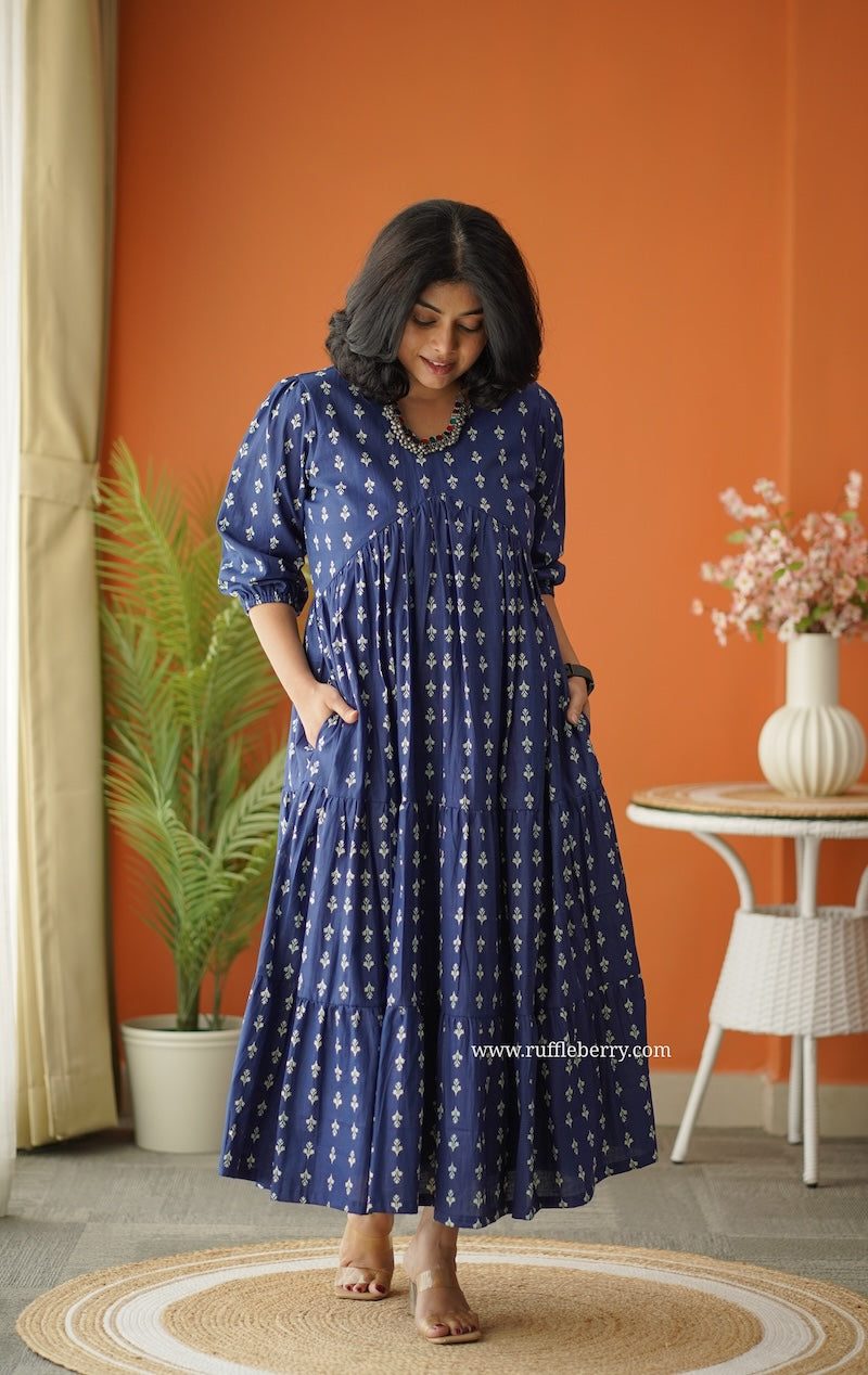 sunshine indigo cotton alia cut dress