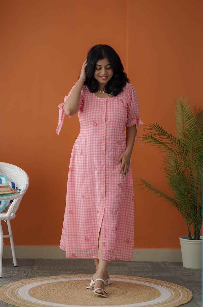 Sol Pink Gingham A-line Georgette Dress