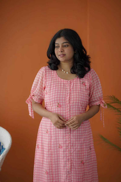 Sol Pink Gingham A-line Georgette Dress