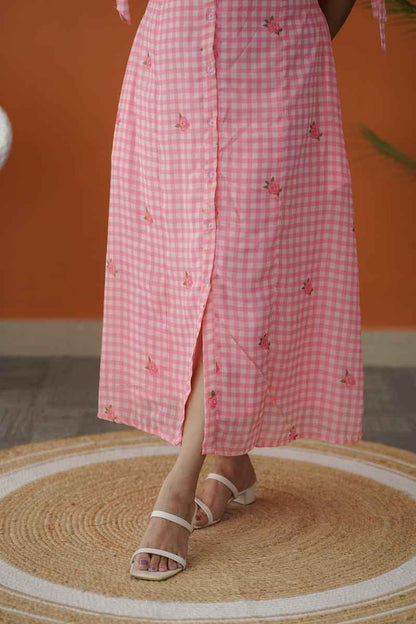 Sol Pink Gingham A-line Georgette Dress