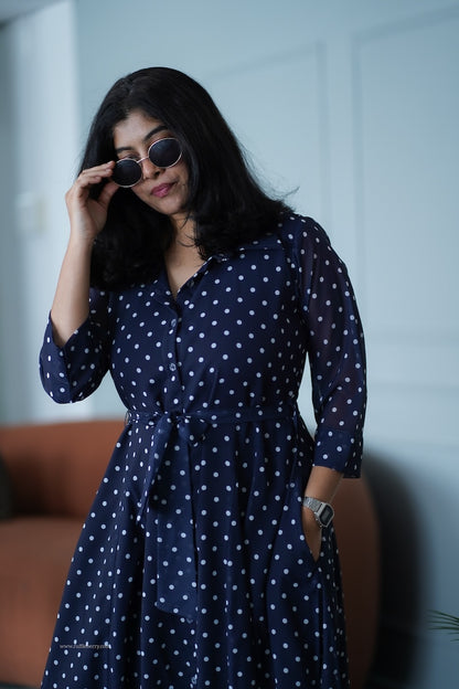 JunaLuv Dark Blue Georgette Flared Shirt Dress