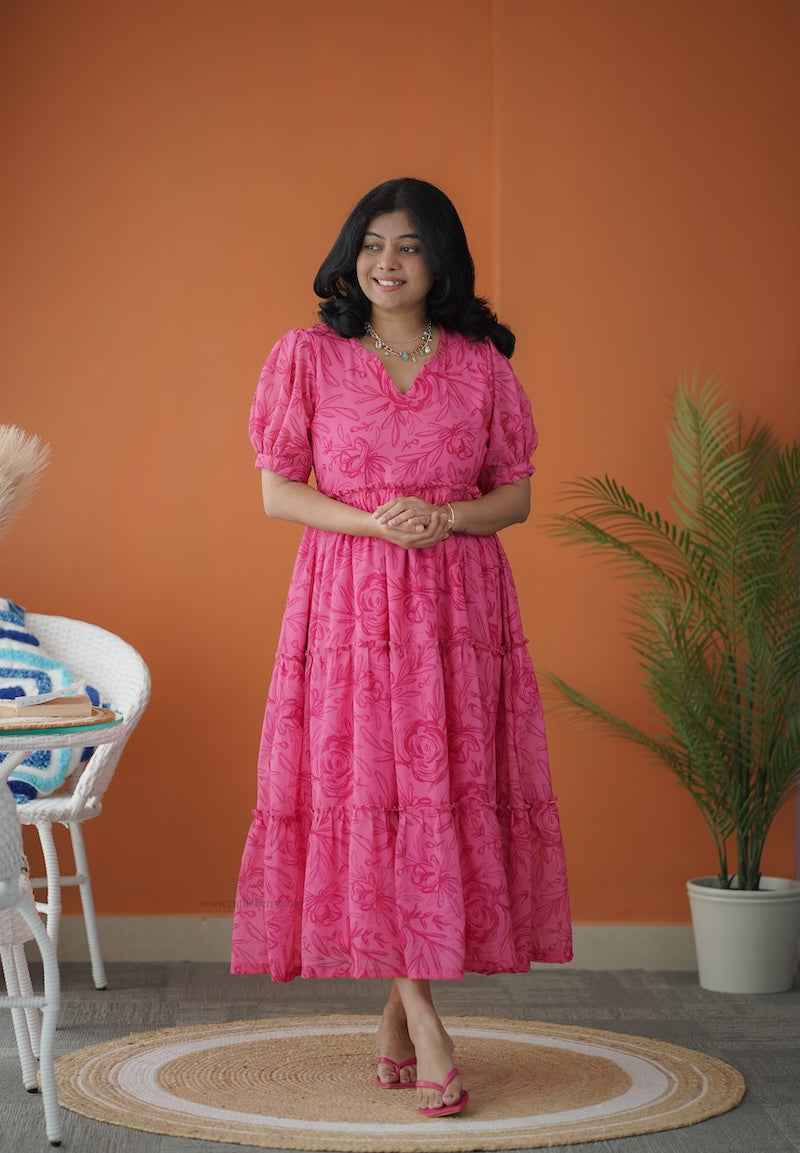 sol hotpink tier georgette dress