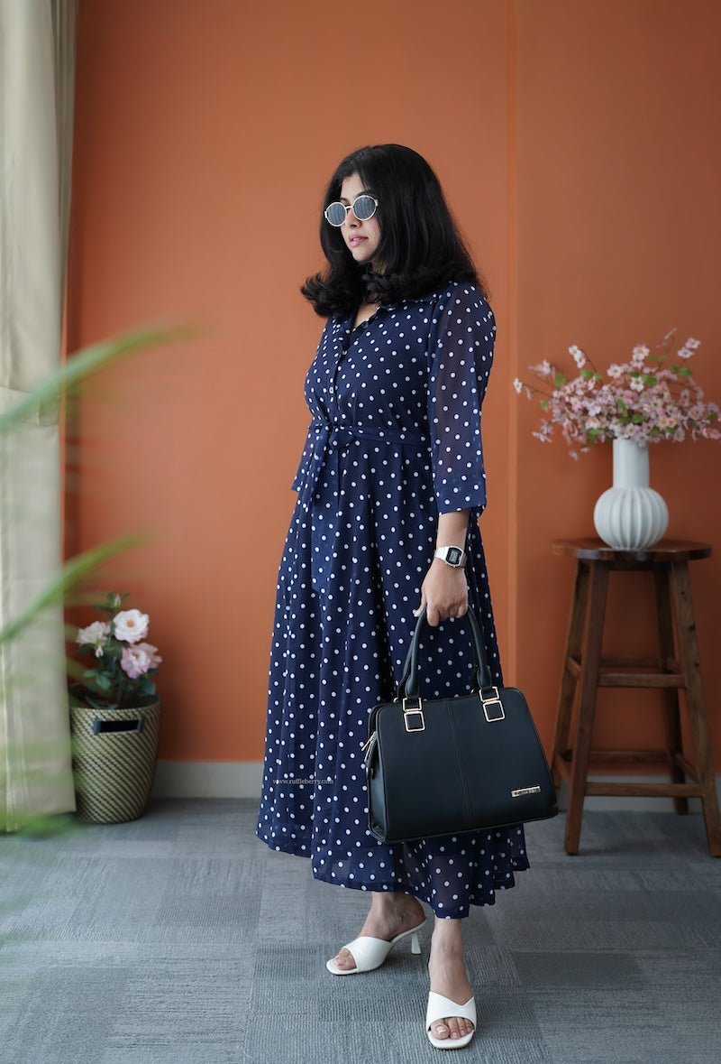 junaluv dark blue georgette flared shirt dress