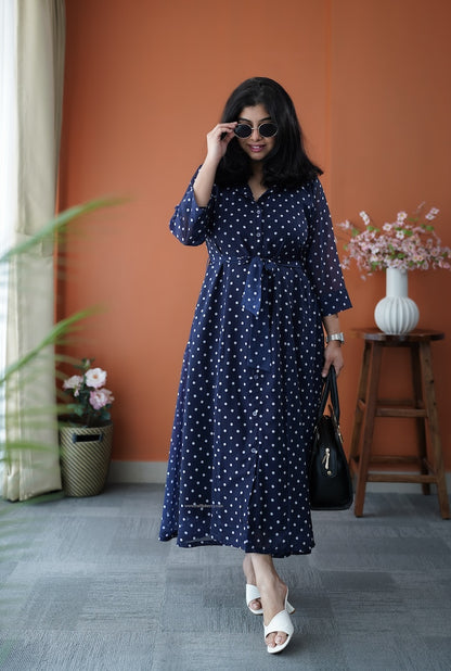 JunaLuv Dark Blue Georgette Flared Shirt Dress