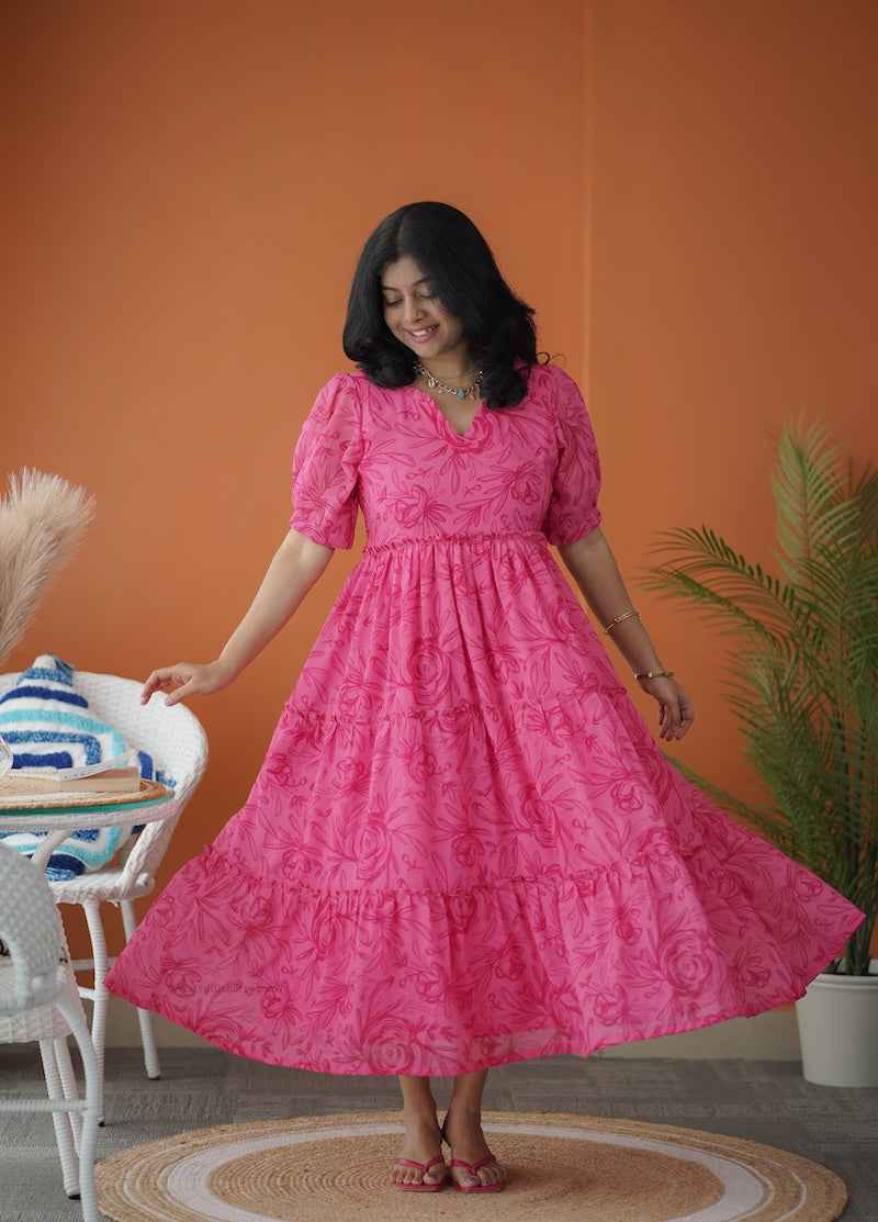 sol hotpink tier georgette dress