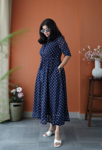 JunaLuv Dark Blue Georgette Flared Shirt Dress