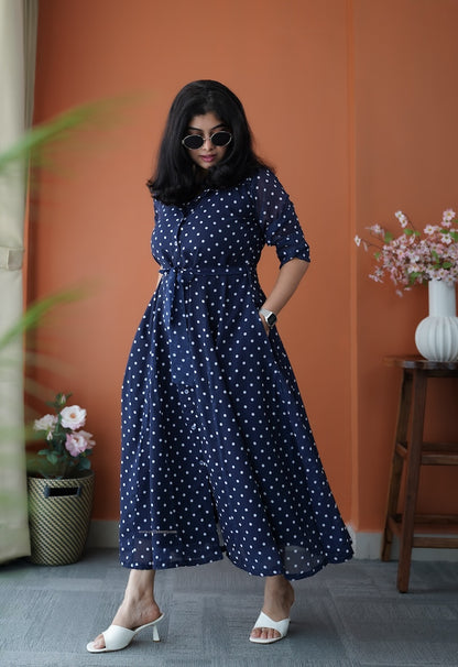 JunaLuv Dark Blue Georgette Flared Shirt Dress