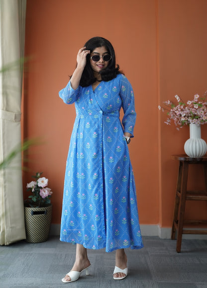 JunaLuv Blue Georgette Button Wrap Dress