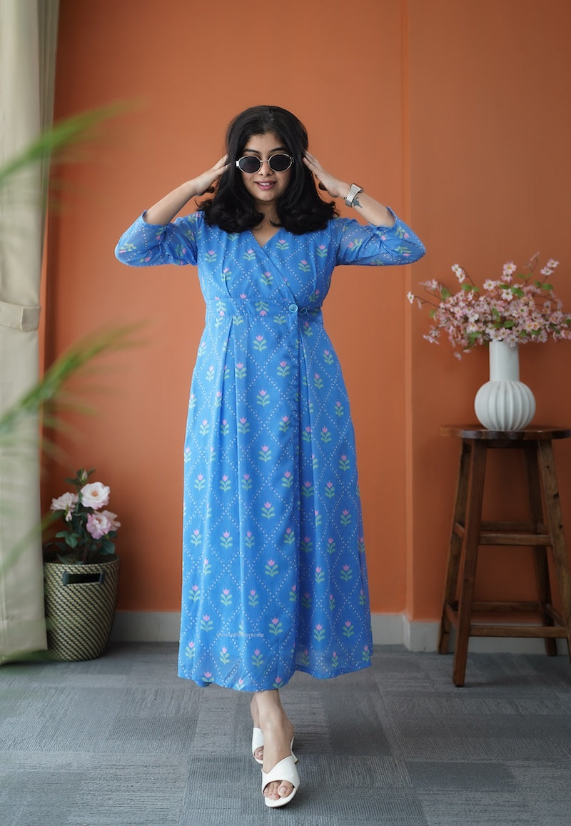 junaluv blue georgette button wrap dress