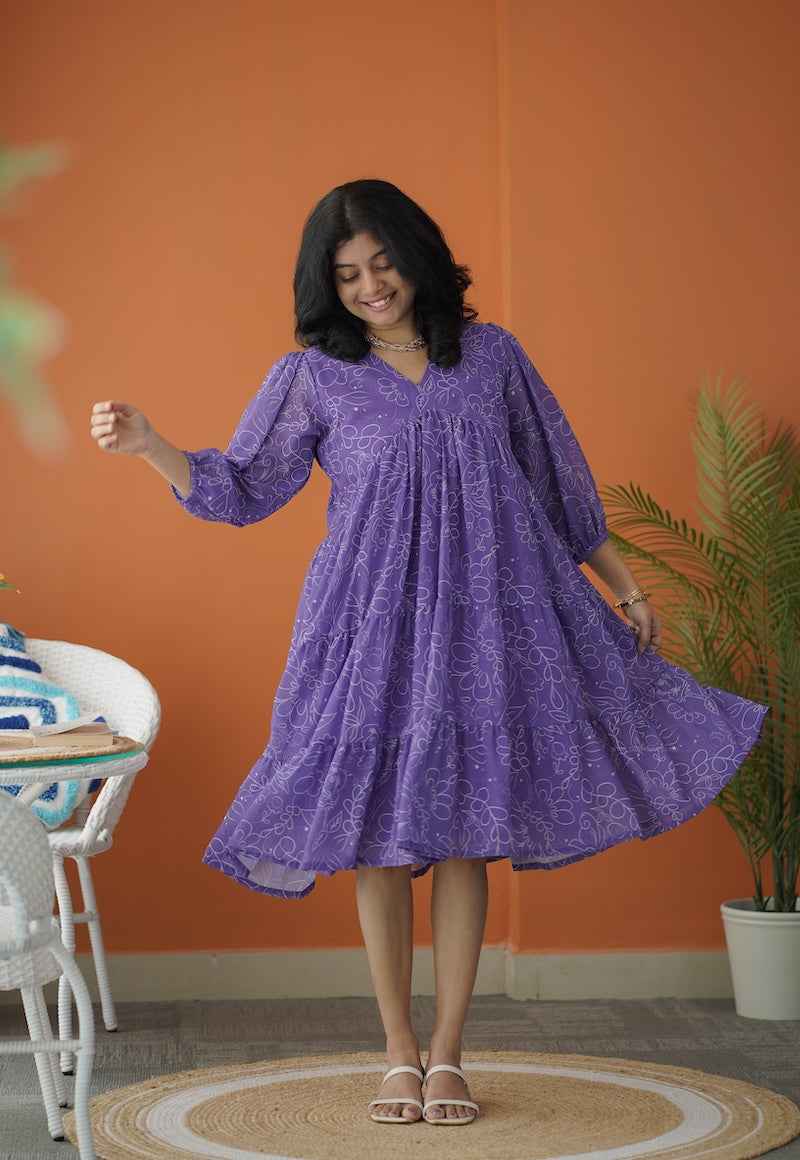 sol purple alia cut georgette tier dress