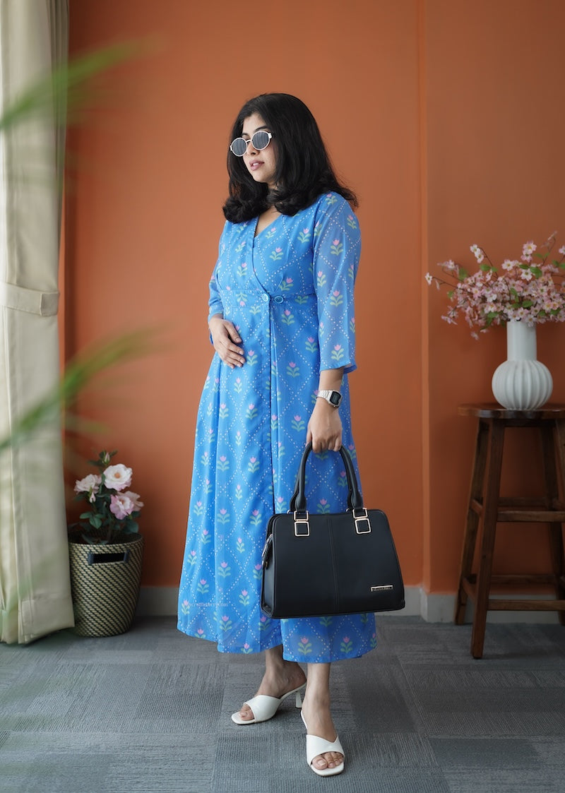 junaluv blue georgette button wrap dress