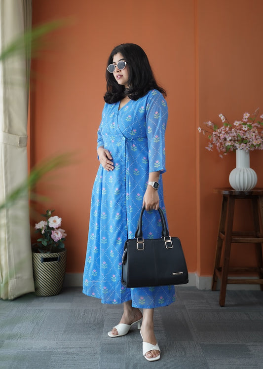JunaLuv Blue Georgette Button Wrap Dress