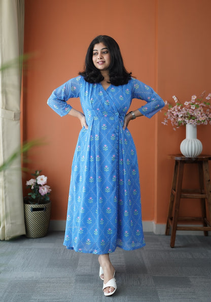 JunaLuv Blue Georgette Button Wrap Dress