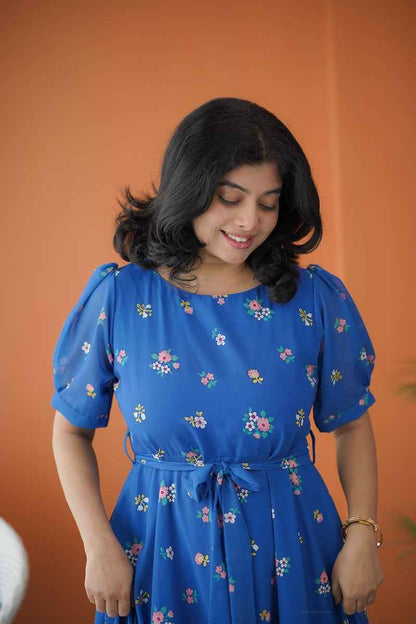 Sol Cobalt Blue A-line Georgette Dress