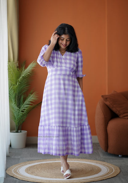 Breeze-In Lavender Checks Georgette Tier Dress