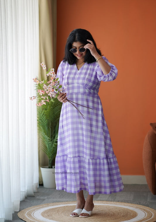 Breeze-In Lavender Checks Georgette Tier Dress