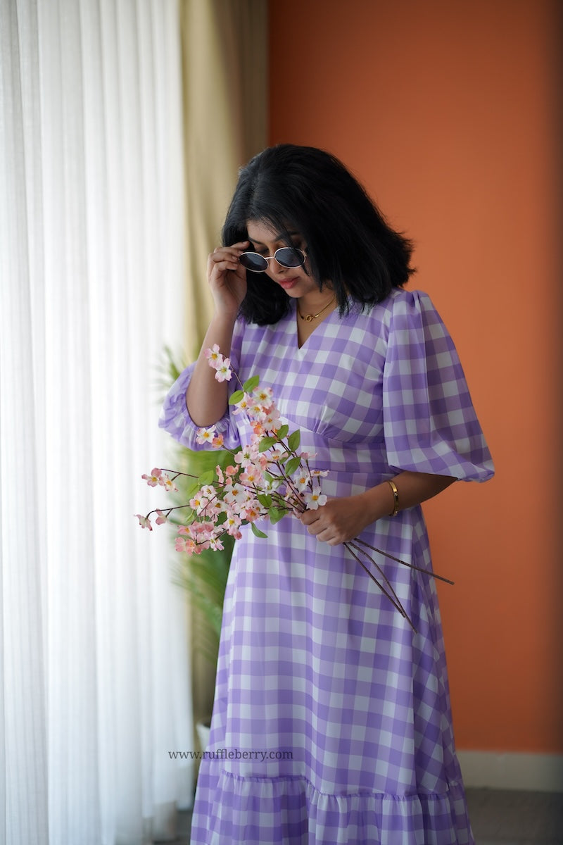 breeze-in lavender checks georgette tier dress