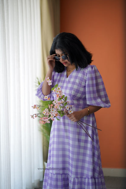 Breeze-In Lavender Checks Georgette Tier Dress