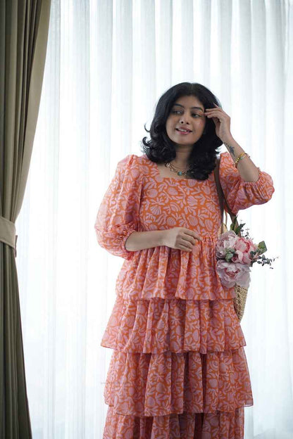 Sol Orange Shells Layered Georgette Dress