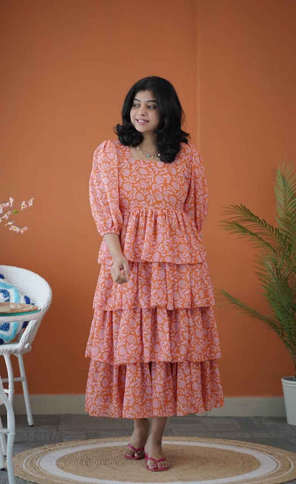 Sol Orange Shells Layered Georgette Dress