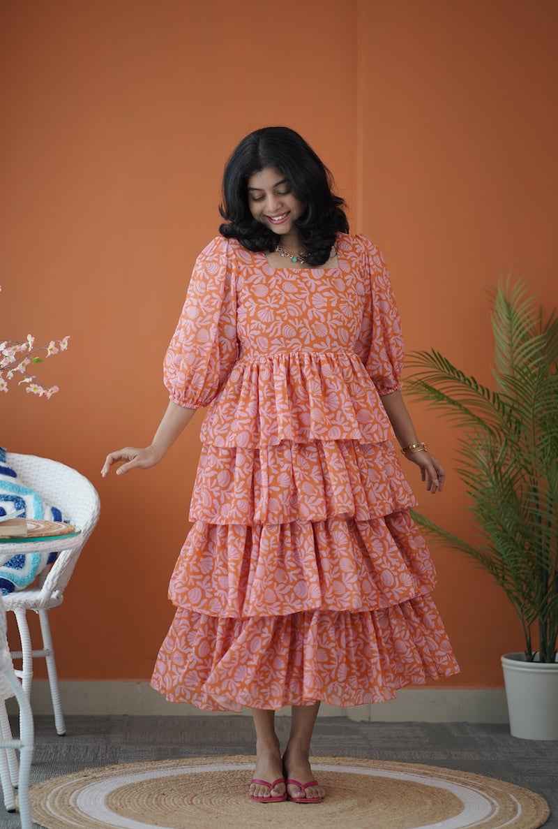 Sol Orange Shells Layered Georgette Dress