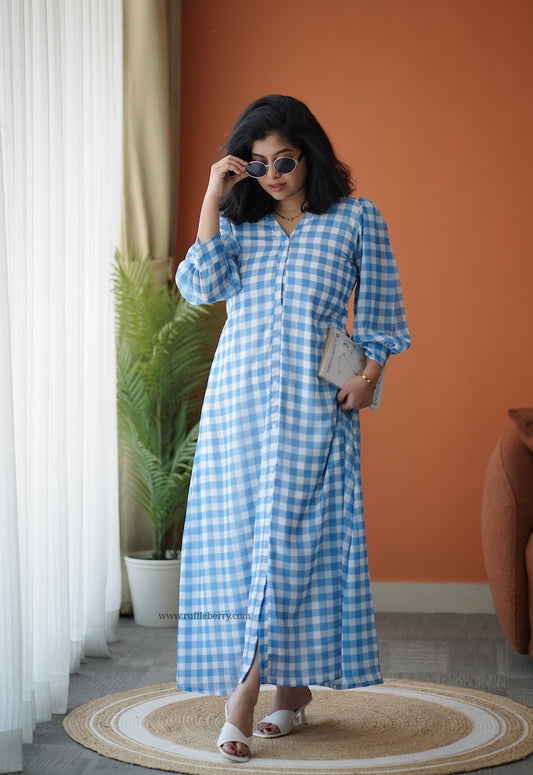 Breeze-In Blue Checks Georgette A-line Dress