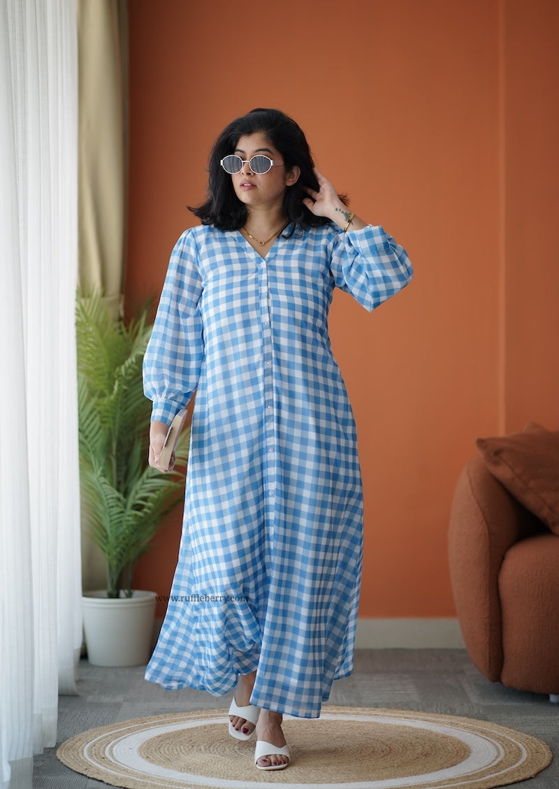 breeze-in blue checks georgette a-line dress