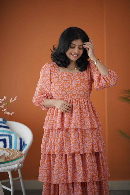 Sol Orange Shells Layered Georgette Dress