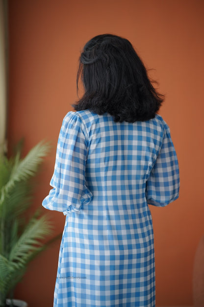 Breeze-In Blue Checks Georgette A-line Dress