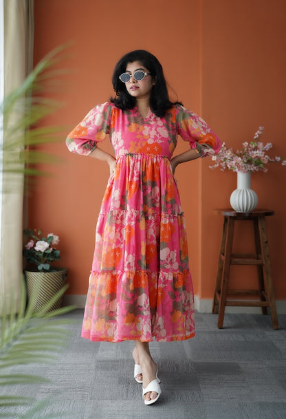 JunaLuv Pink Georgette Tier Dress