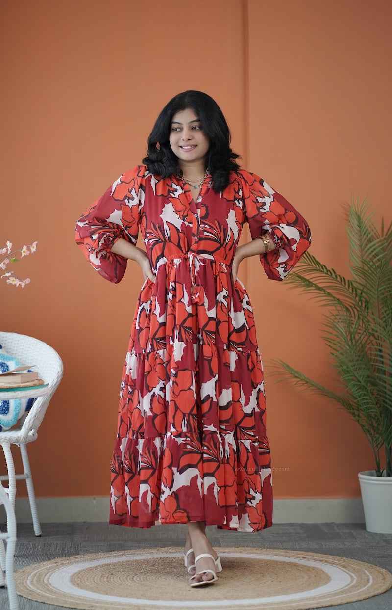 Sol Gloss Maroon Georgette Tier Dress