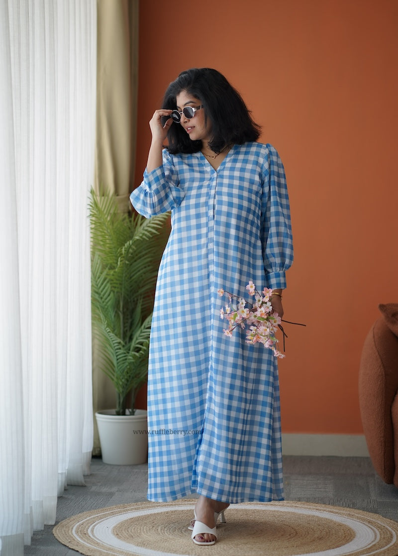 breeze-in blue checks georgette a-line dress