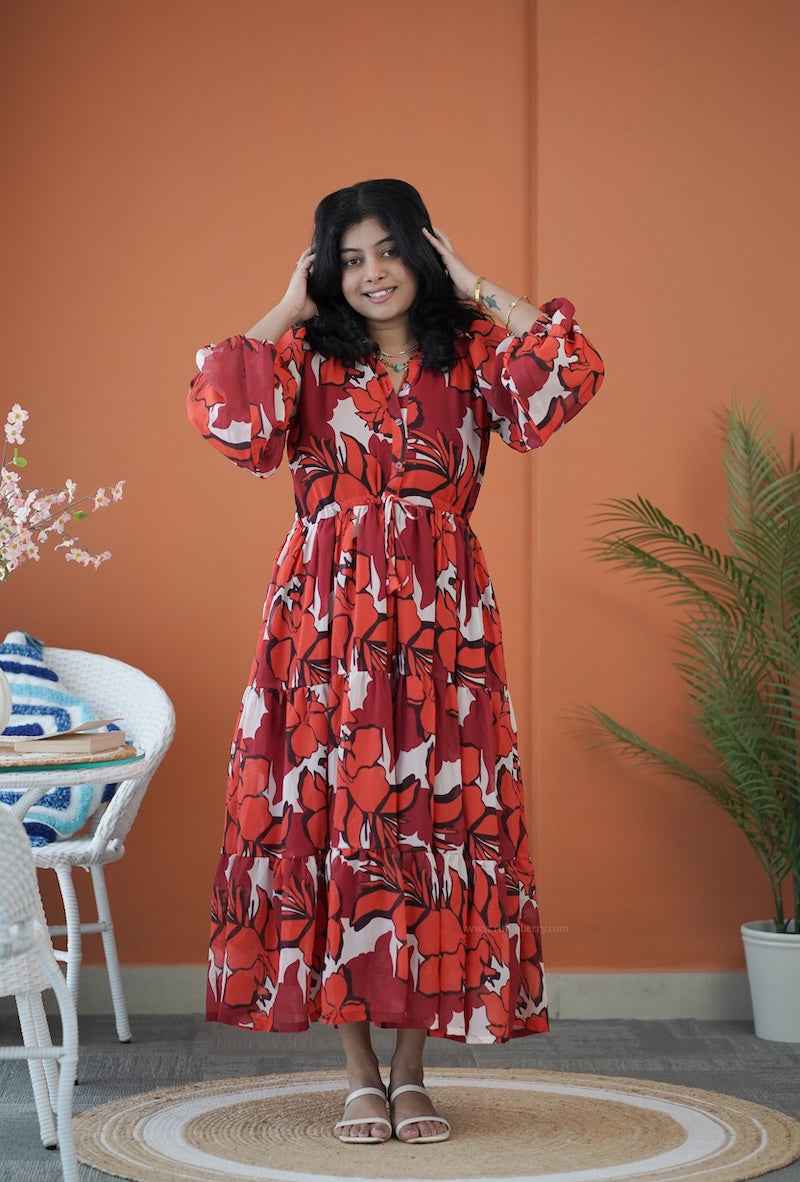 Sol Gloss Maroon Georgette Tier Dress