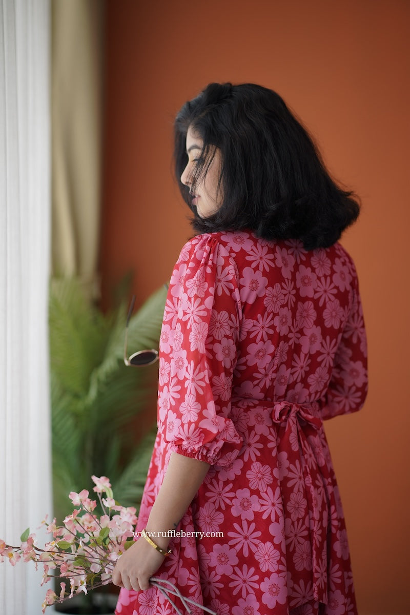 breeze-in red georgette layered dress