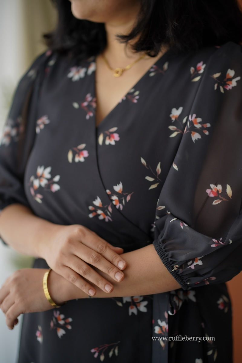 breeze-in black georgette wrap dress